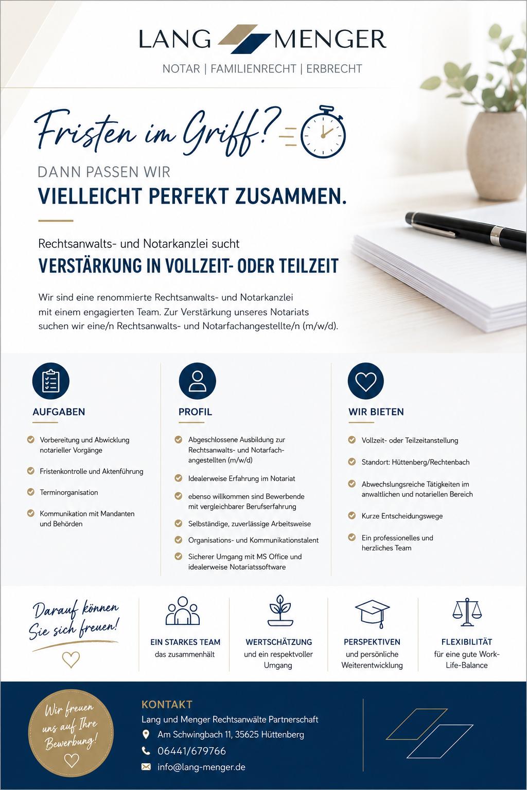 Stellenanzeige der Kanzlei Lang Menger: Rechtsanwalts- und Notarfachangestellte (m/w/d) in Vollzeit oder Teilzeit, Standort Hüttenberg/Rechtenbach